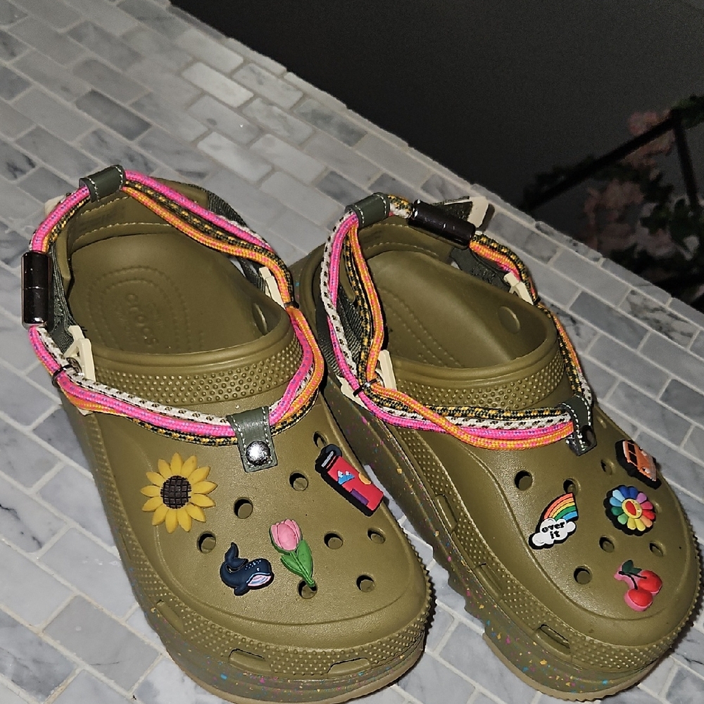 CROCS Olive Sandals with Colorful Charms